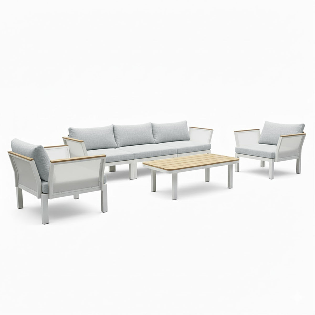 Sierra Outdoor Lounge Set in Grey featuring two armchairs, a three-seat sofa, and a coffee table, all with white metal frames and wood accents, offering stylish outdoor comfort.
