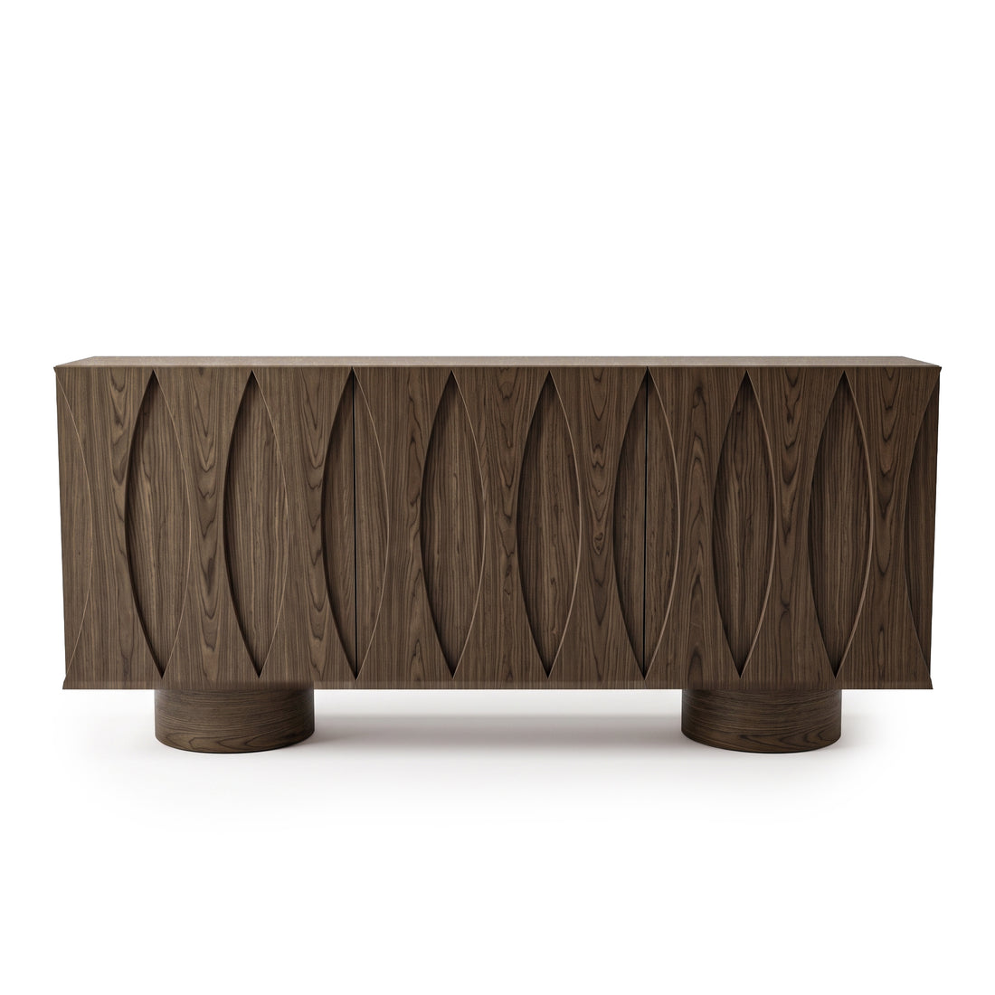 Modern dark wood sideboard with carved front pattern on a white background