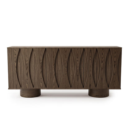 Modern dark wood sideboard with carved front pattern on a white background