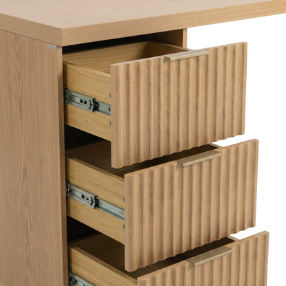 Close view of a wooden drawer unit on a white background