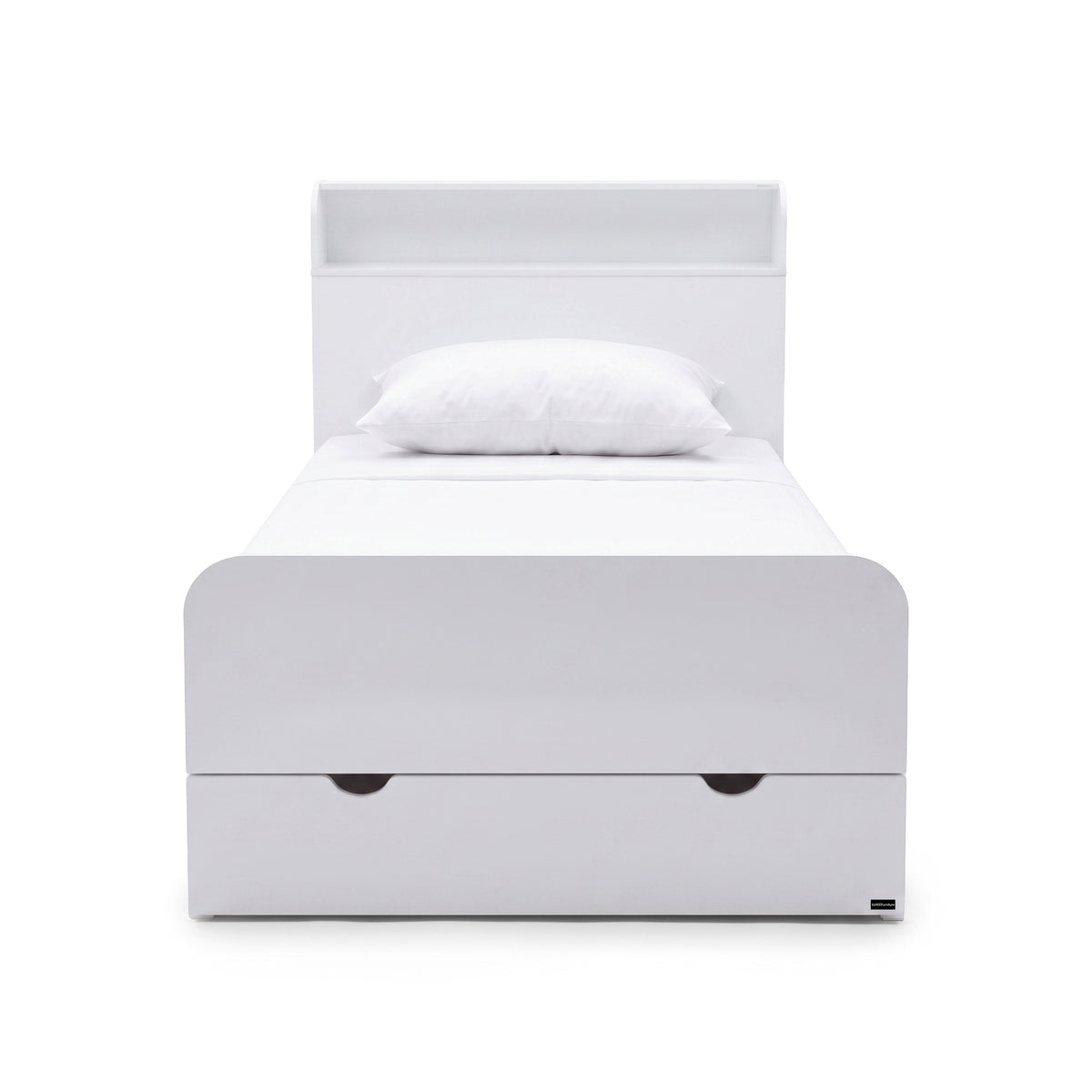 White bed with shelf headboard and under-bed storage drawer on a white background, viewed from the foot of the bed.