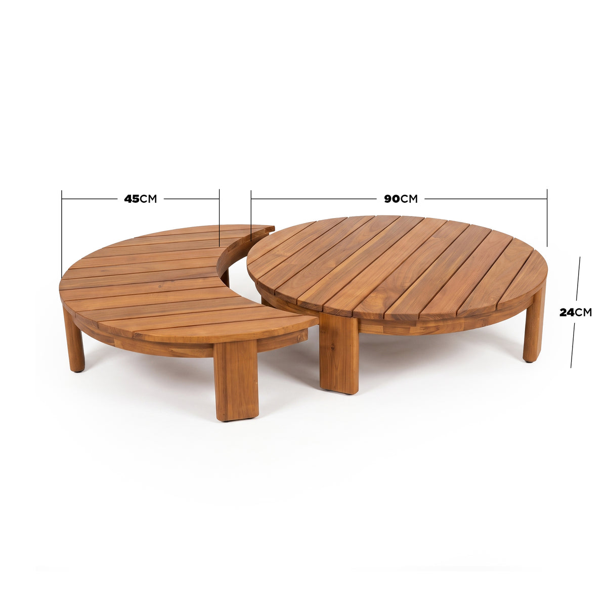 Wooden nesting table set on white background with measurement lines and dimensions.