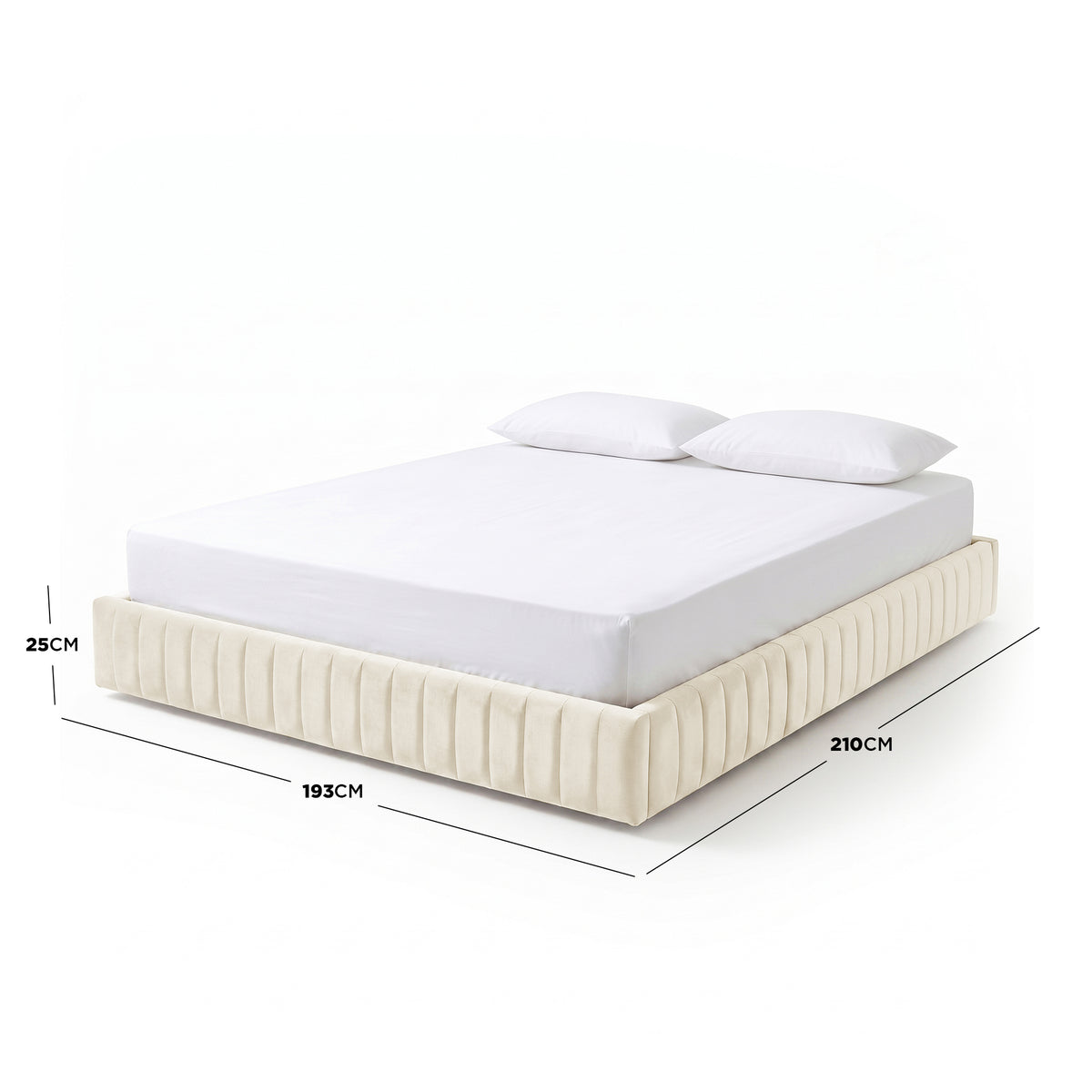 Bed with dimensions annotated on white background