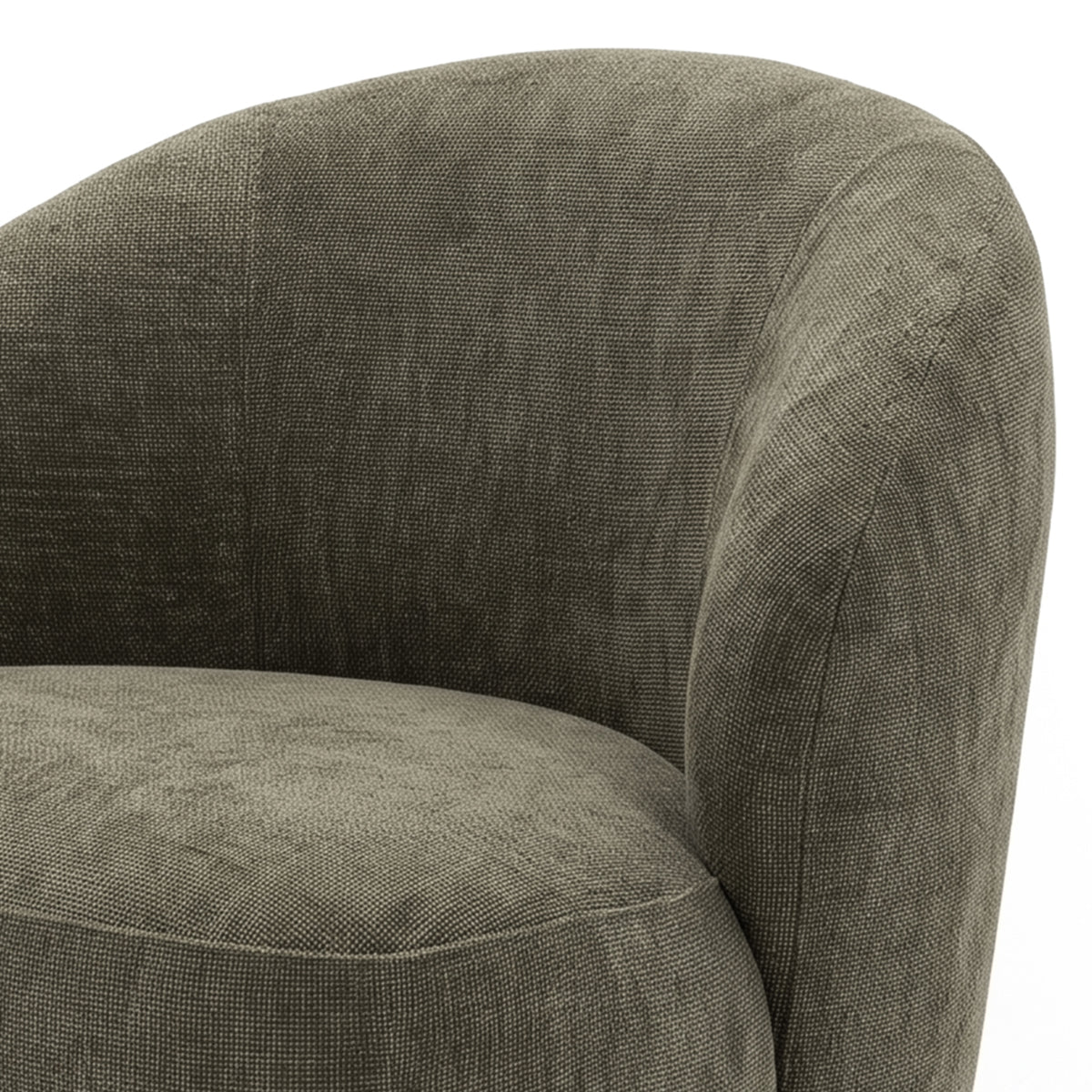 Close-up of the upper portion of a curved upholstered accent chair on a white background