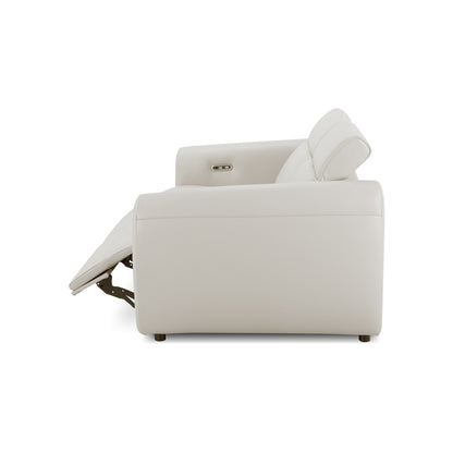 Side profile of a light-colored recliner sofa on white background