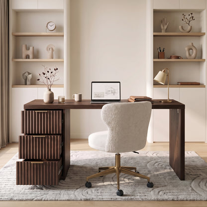 Dark wood desk and white chair in a modern office setting