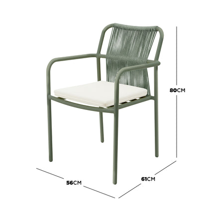 Evone Aluminium Rope Outdoor Dining Chair in Green features a modern design with a woven rope backrest, olive-green metal frame, and a white seat cushion, measuring 56x61x80 cm for compact outdoor settings.