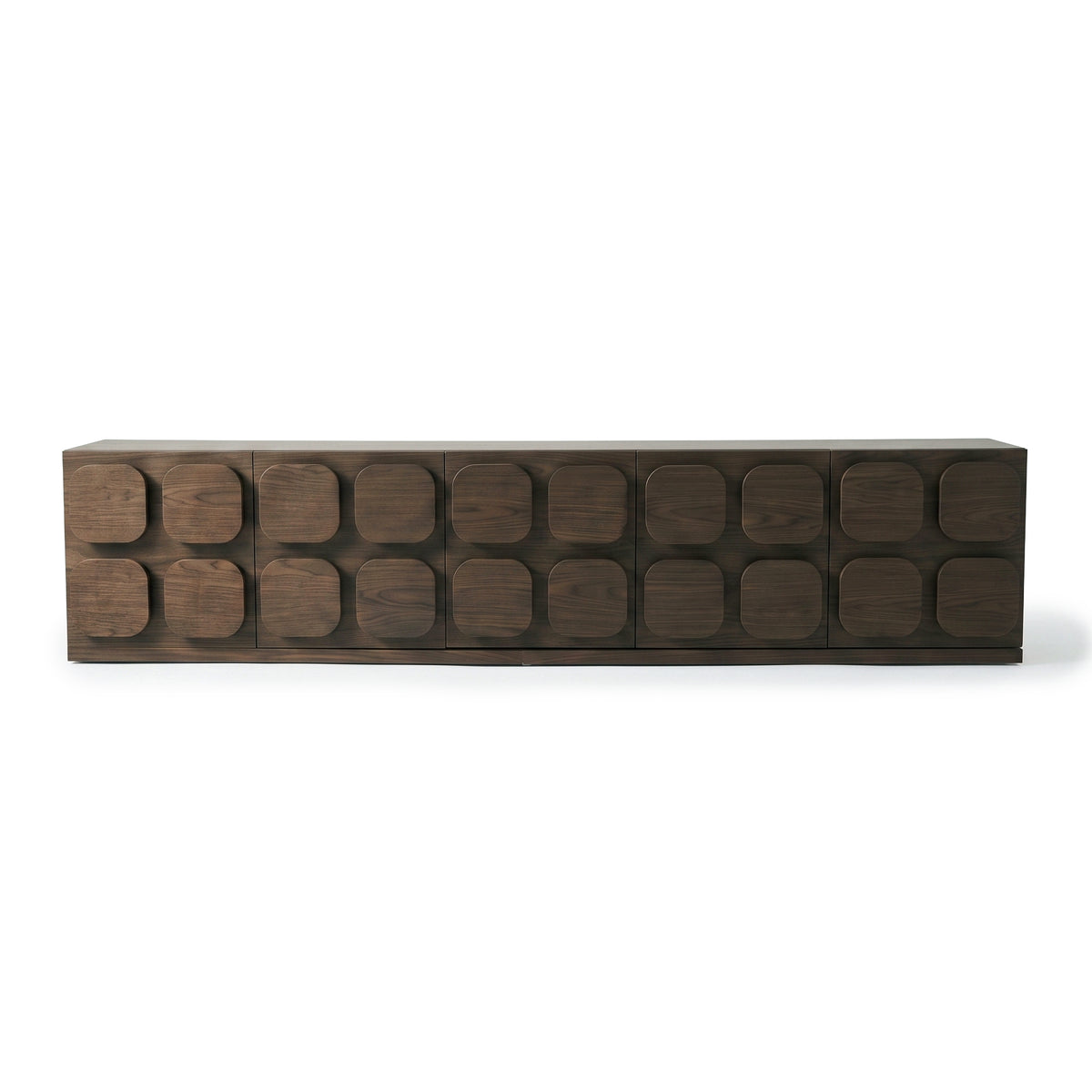 Front view of a dark wood sideboard on a white background
