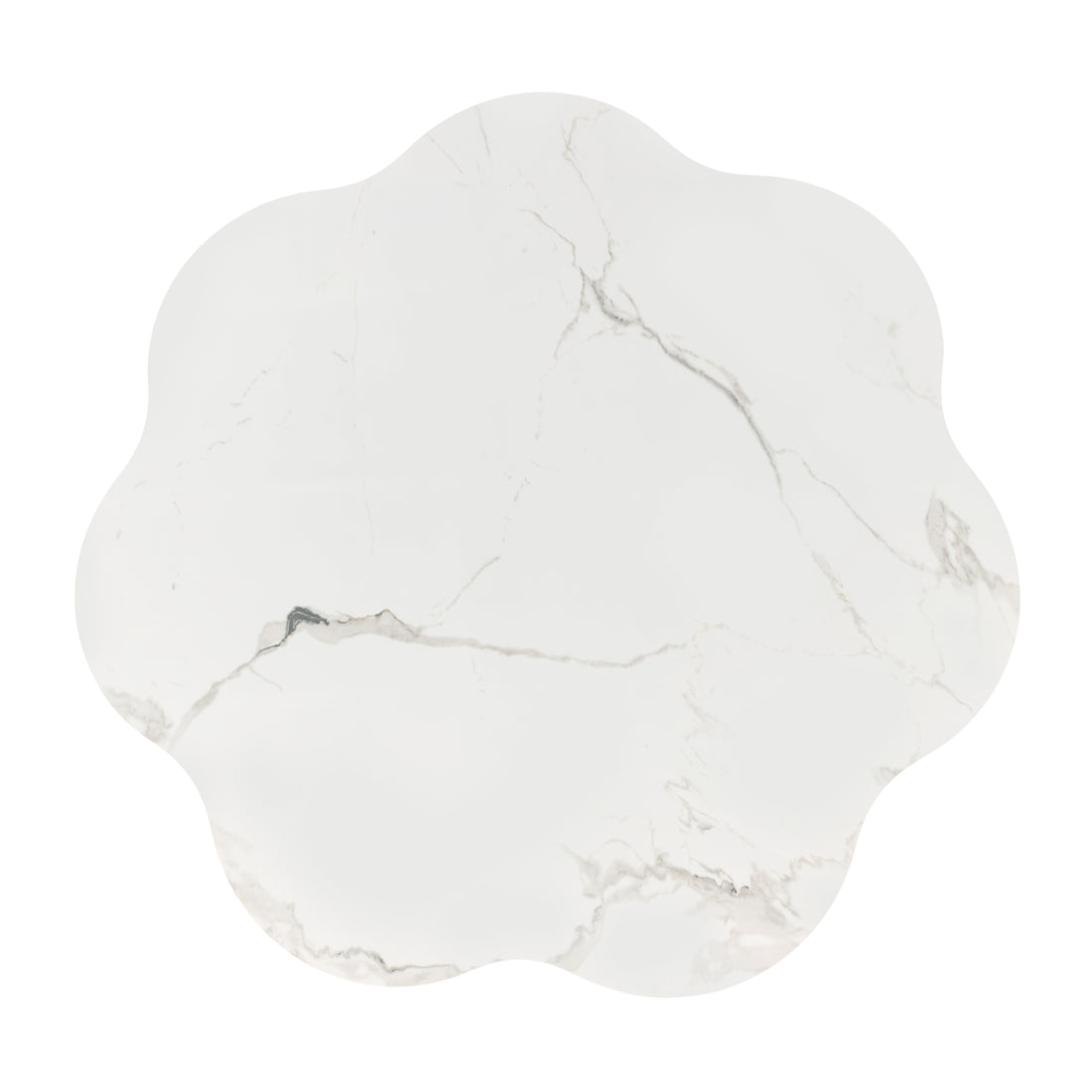 Scalloped round coffee table top with white marble-like finish on white background