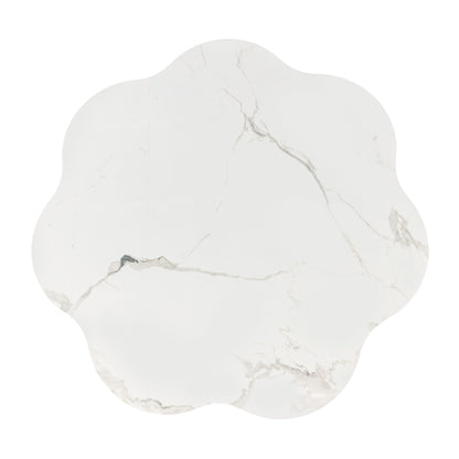 Scalloped round coffee table top with white marble-like finish on white background