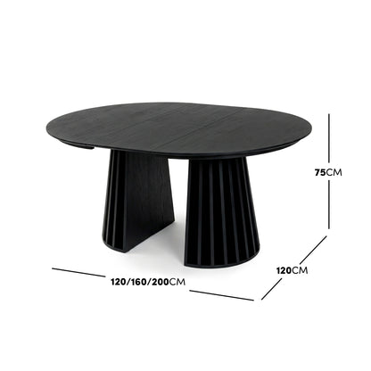 Black oval table on white background with dimension markings