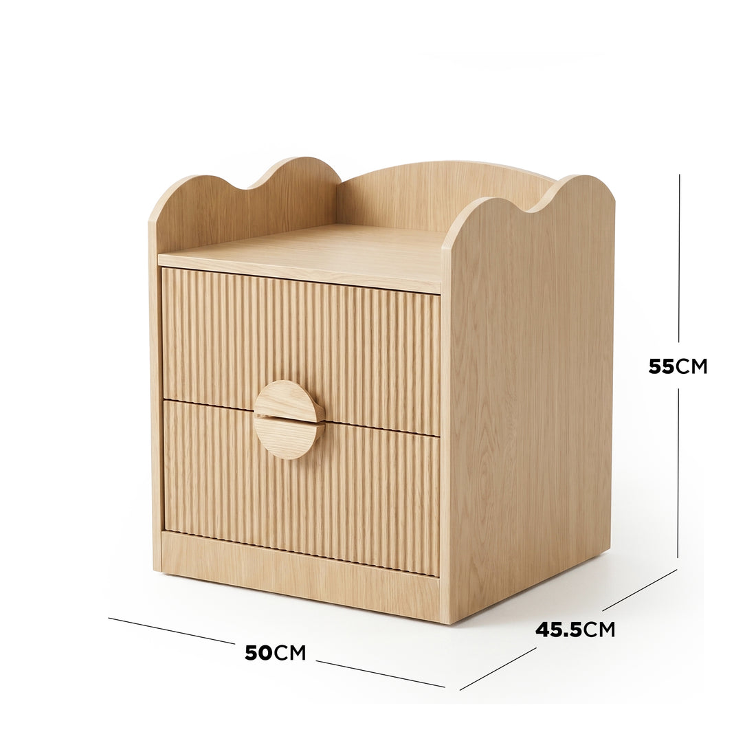 Light wood bedside table with dimension lines on white background