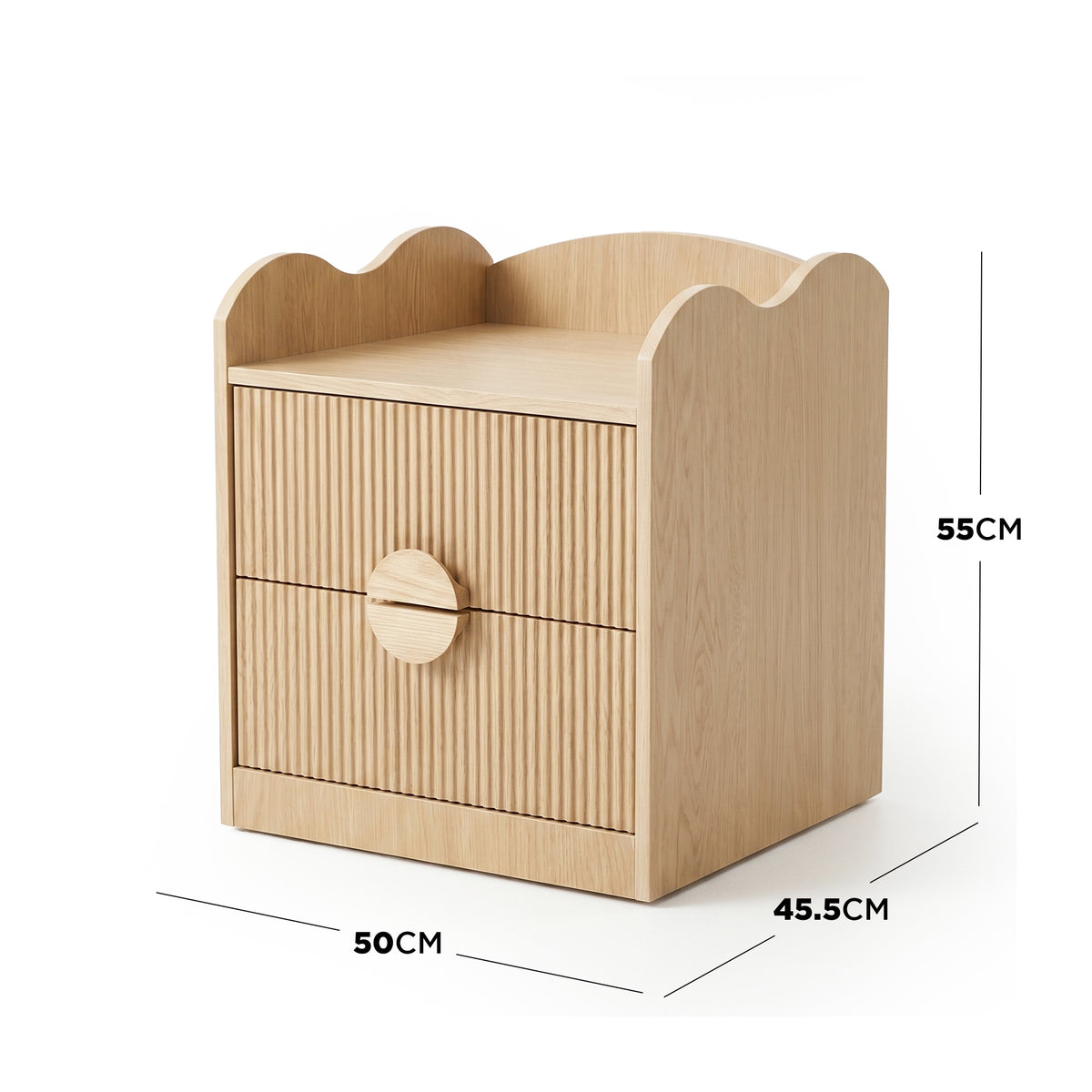 Light wood bedside table with dimension lines on white background