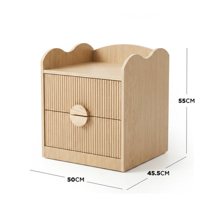 Light wood bedside table with dimension lines on white background