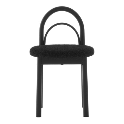 Front view of a modern black chair with rounded metal back supports on a white background
