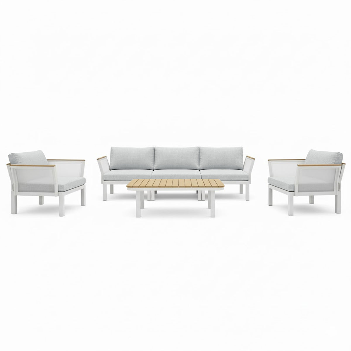 Sierra Outdoor Lounge Set in Grey: Modern three-seat sofa, two armchairs with light gray cushions, and a slatted light-wood coffee table, all framed in sleek white for a resort-style outdoor space.