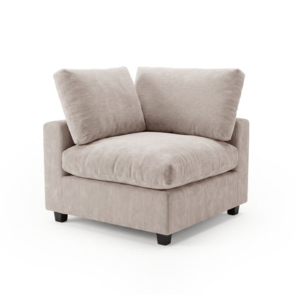 Light beige upholstered corner chair or sectional piece on a white background