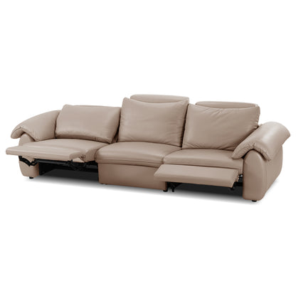 Taupe three-seater reclining sofa with both footrests extended on a white background