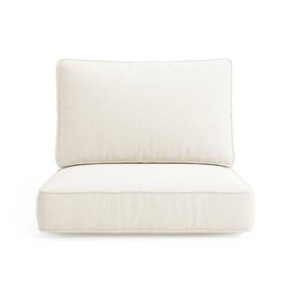 Close-up of Vernon Outdoor Cushion Covers Set of 5 in Cream White, showcasing the plush, upholstered backrest and seat cushions against a white background, highlighting their tailored fit for outdoor lounges.