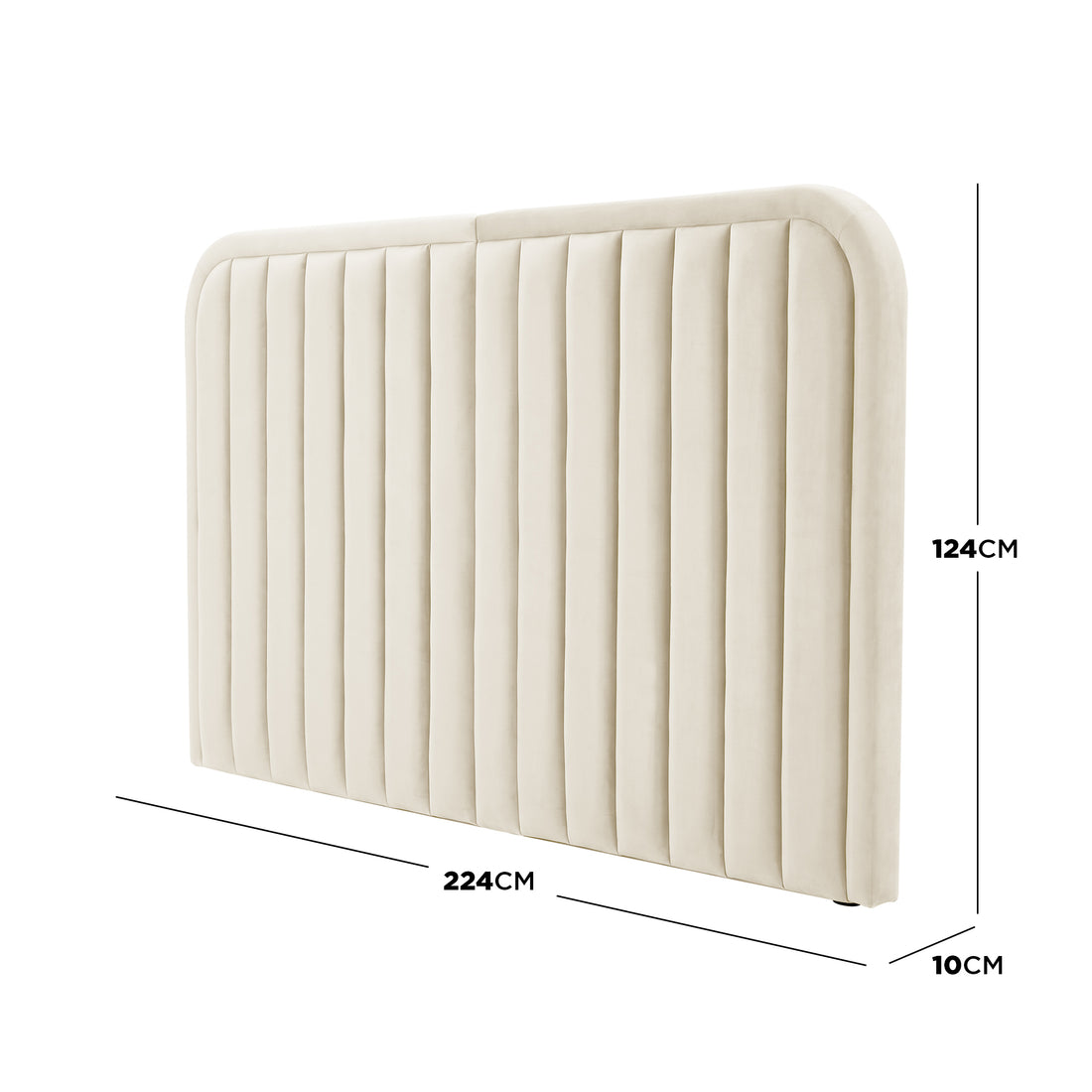 Beige upholstered headboard with dimension labels on white background - Dimensions