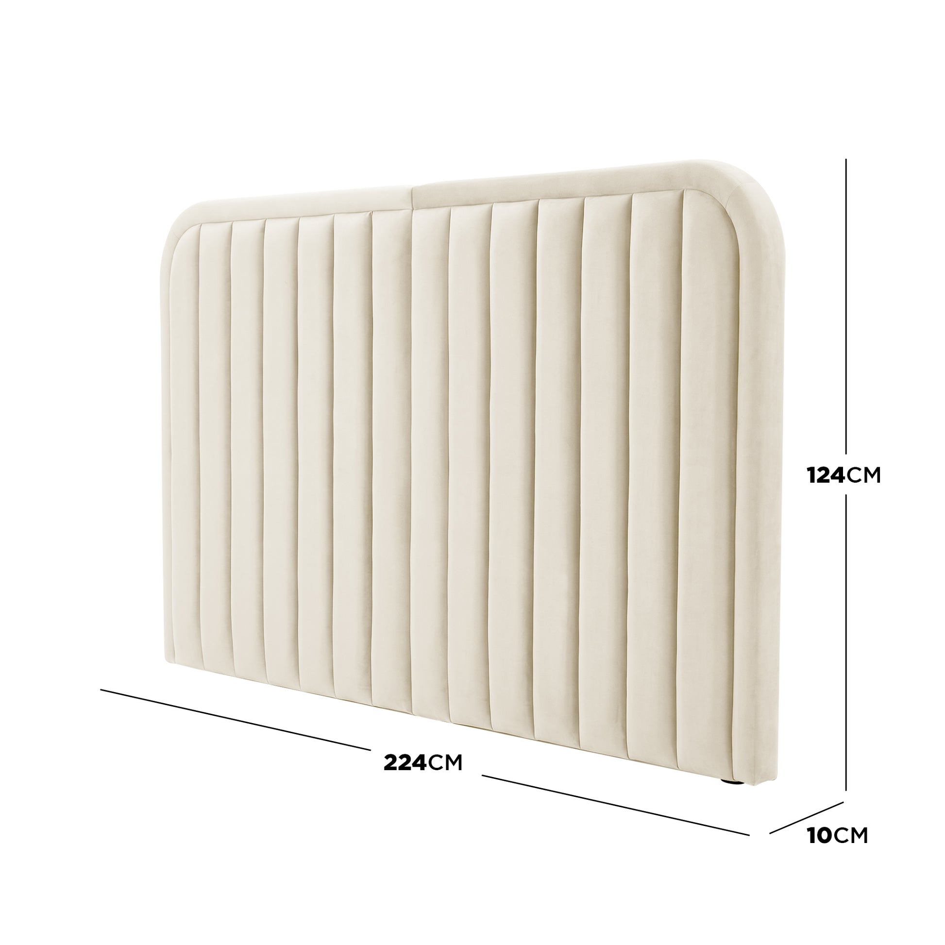 Beige upholstered headboard with dimension labels on white background - Dimensions