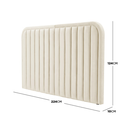 Beige upholstered headboard with dimension labels on white background - Dimensions