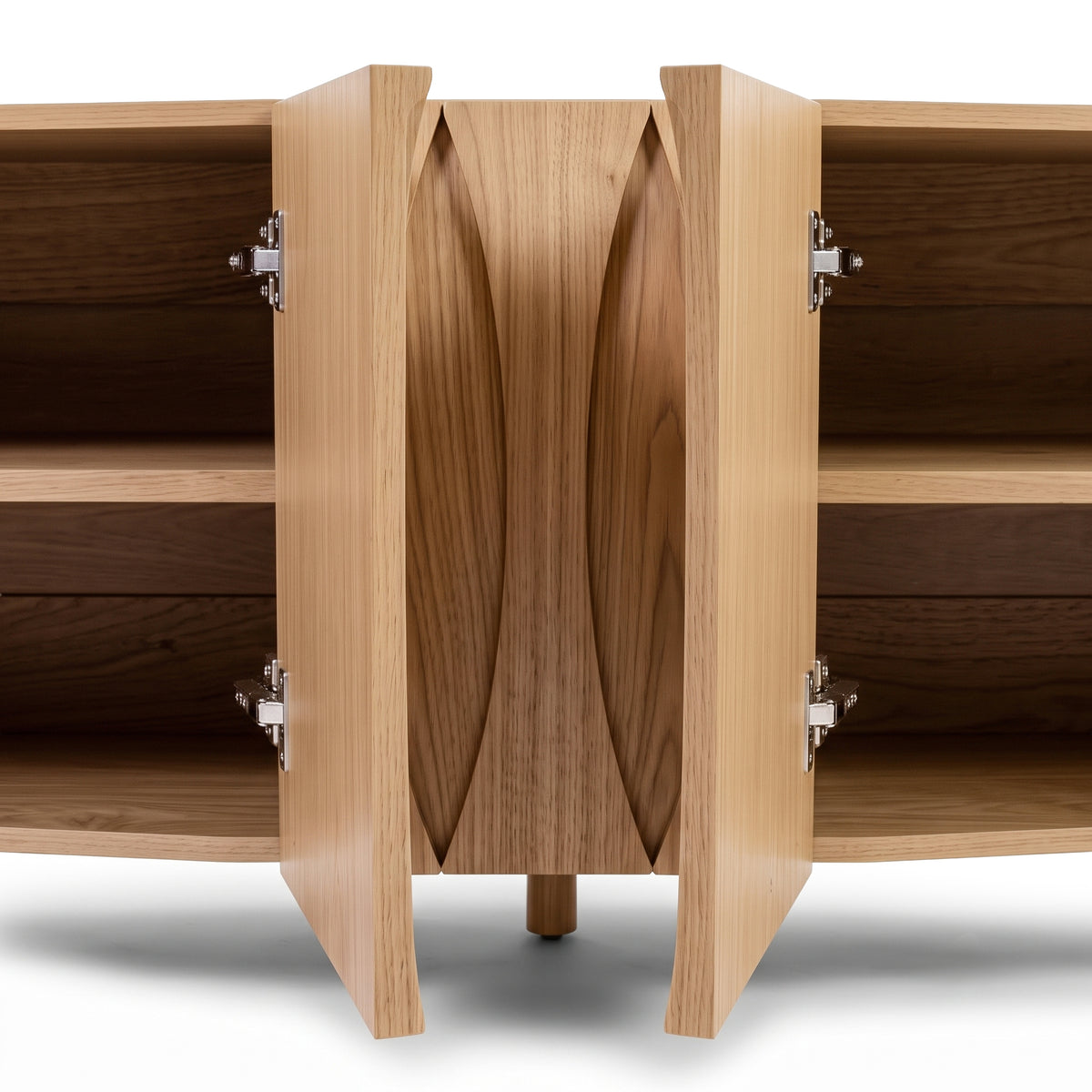 Close-up of wooden cabinet interior with open doors and shelves