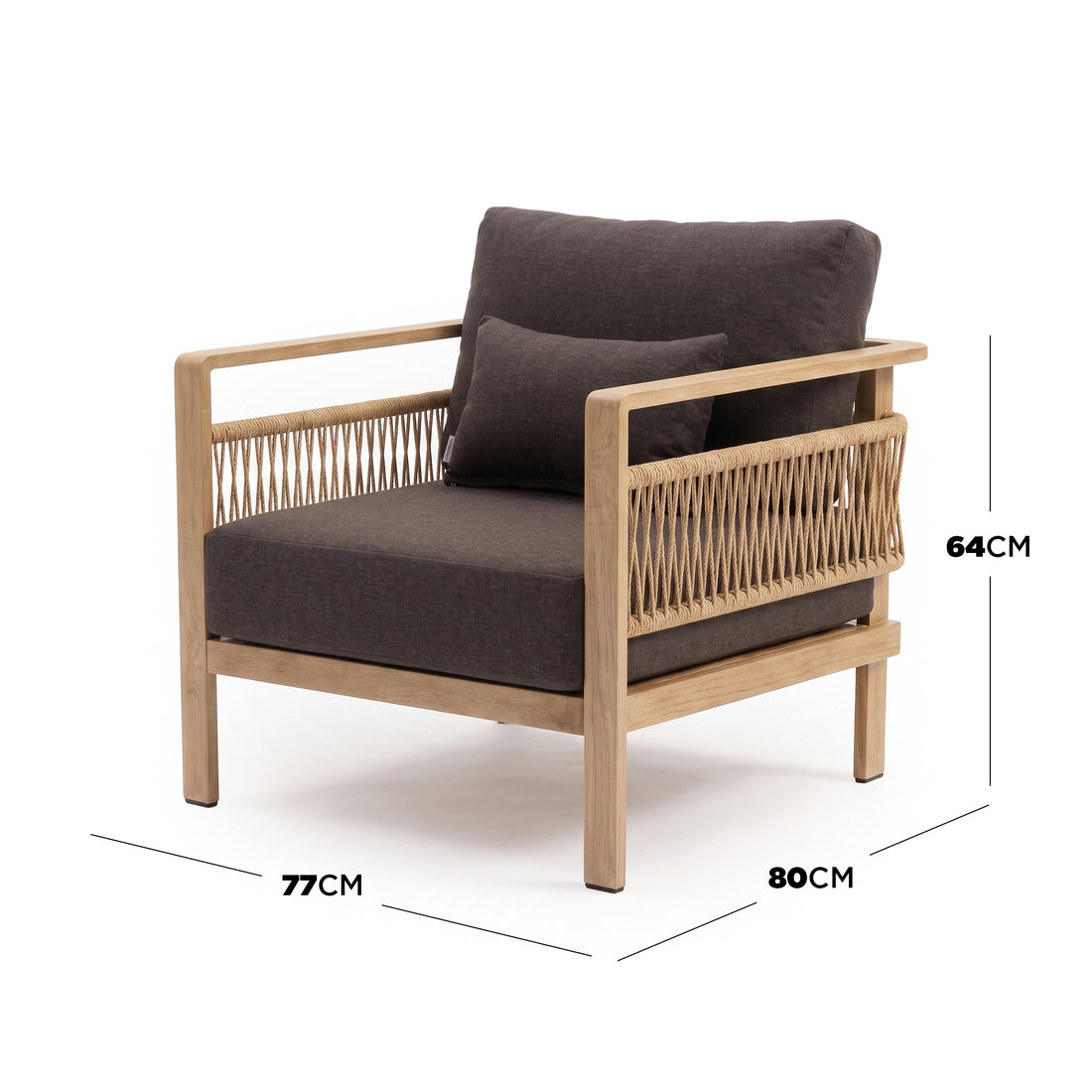 Modern armchair on white background with 64cm by 77cm by 80cm dimensions shown