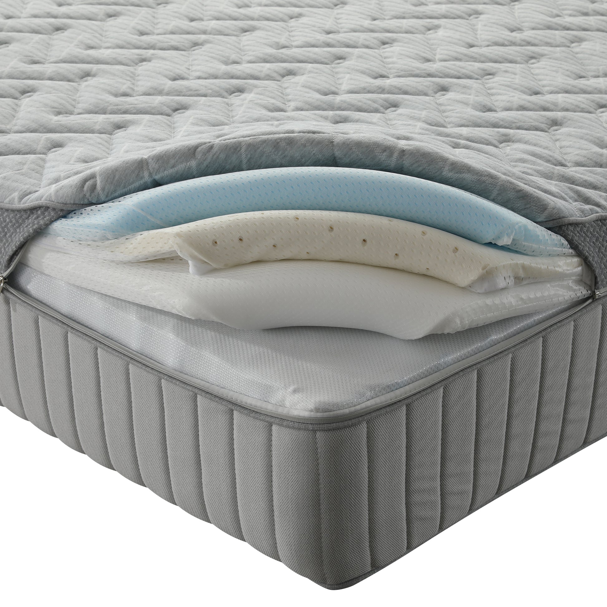 Mattress corner with internal foam layers exposed on a white background