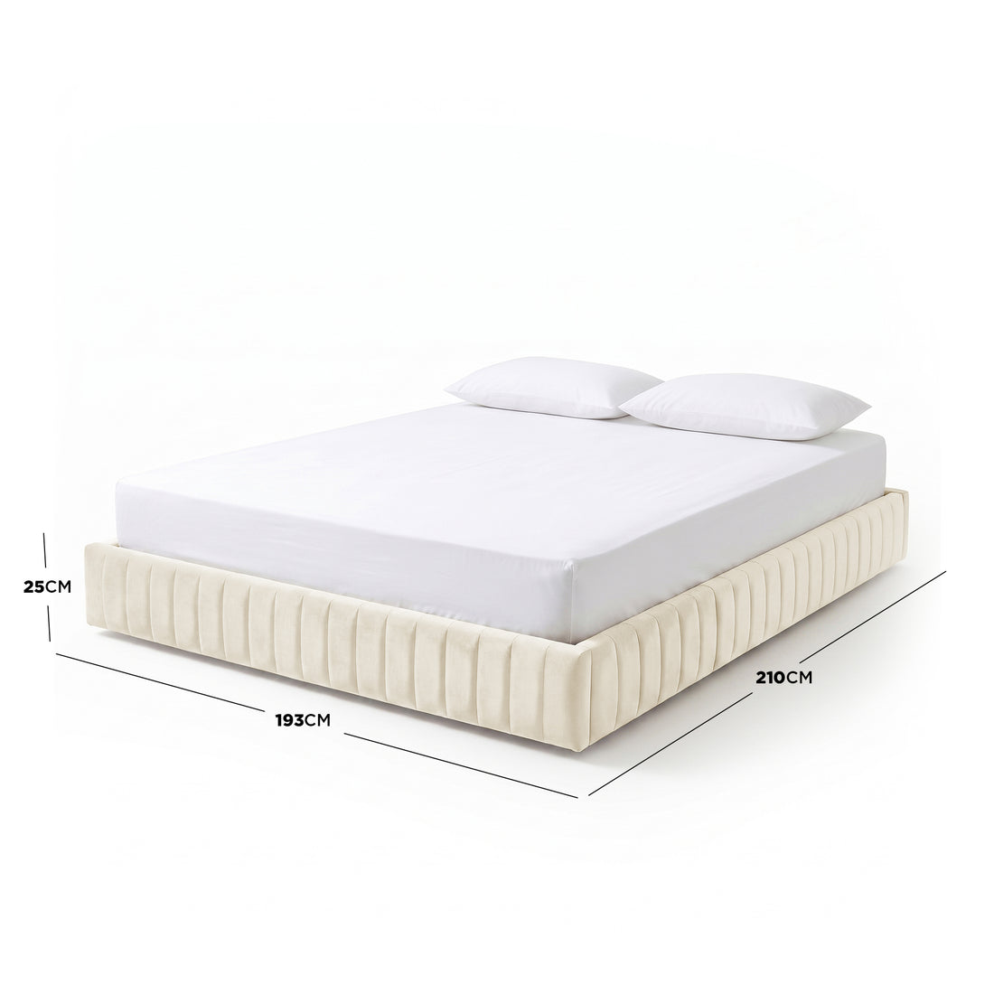 Upholstered bed with mattress and pillows on white background with dimensions annotated (193×210×25 cm)