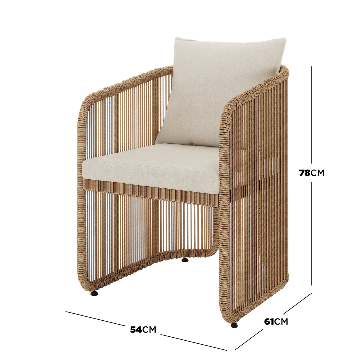 Vellora 4 Seater Wicker Outdoor Dining Set features a woven-rope armchair with a tubular frame and light-beige cushions, perfect for patios, combining coastal style with durability for alfresco dining.