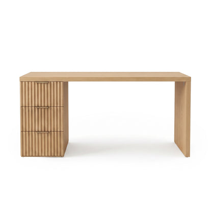 Full view of a modern wooden desk on a white background