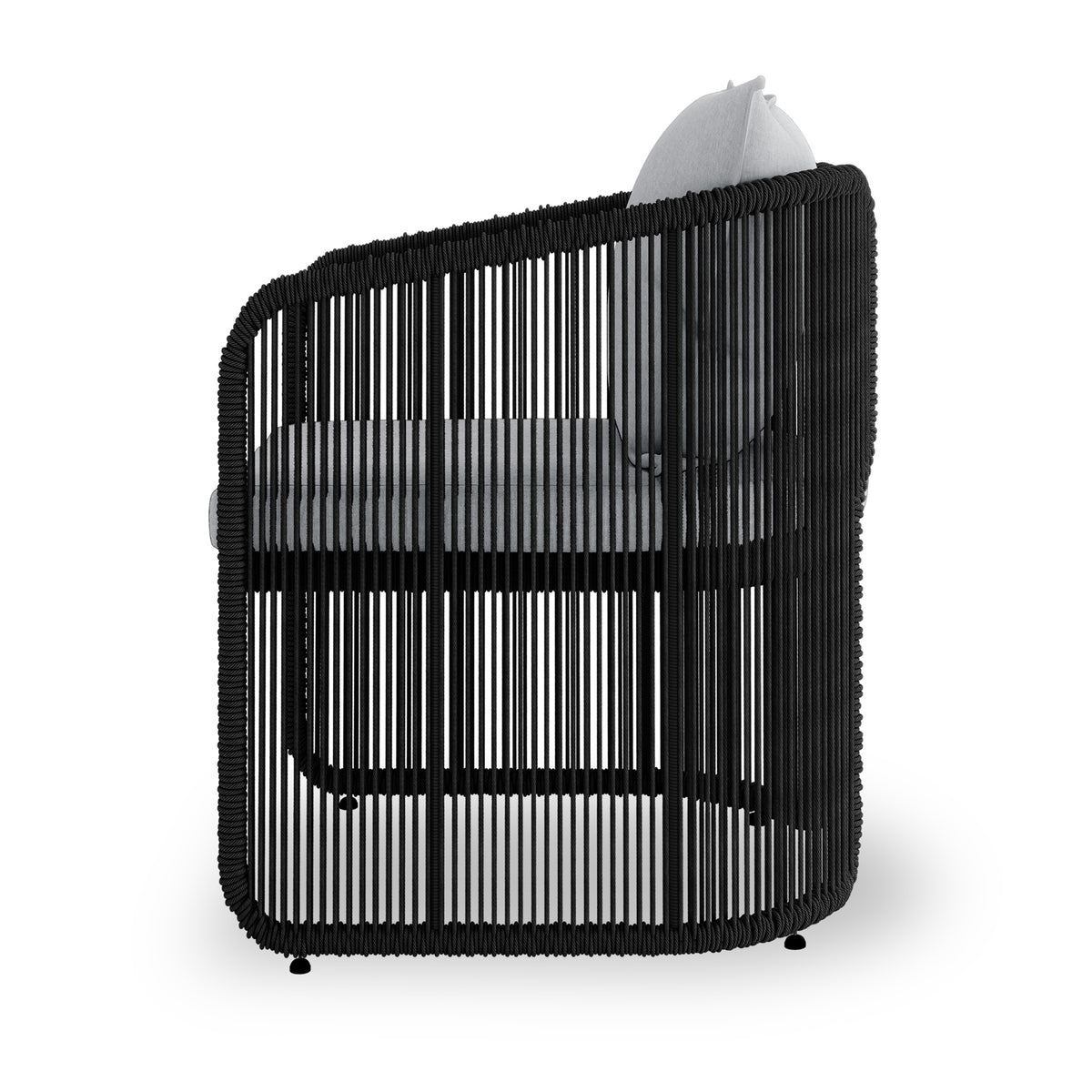 Vellora 4 Seater Wicker Outdoor Dining Set in Black features a modern lounge chair with a cage-like black cord frame, plush light-gray cushions, ideal for stylish, comfortable outdoor dining.