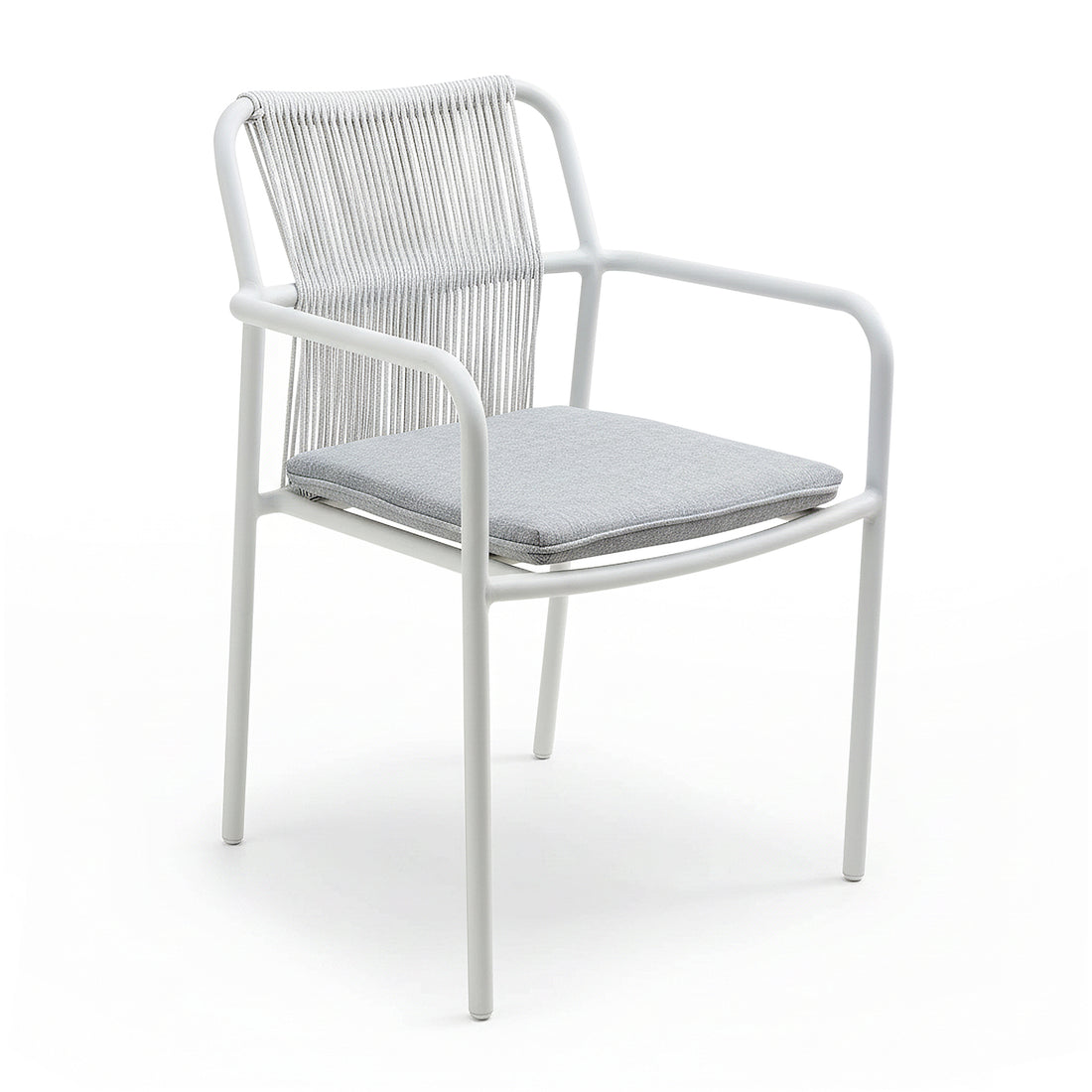 Evone Aluminium Rope Outdoor Dining Chair in Light Grey features a white metal frame, woven rope backrest, and a light gray, square seat cushion, embodying modern coastal elegance for outdoor dining.