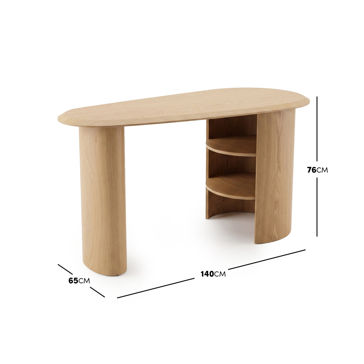 Modern wooden desk on a white background with dimensions shown: 140cm wide, 65cm deep, and 76cm high.