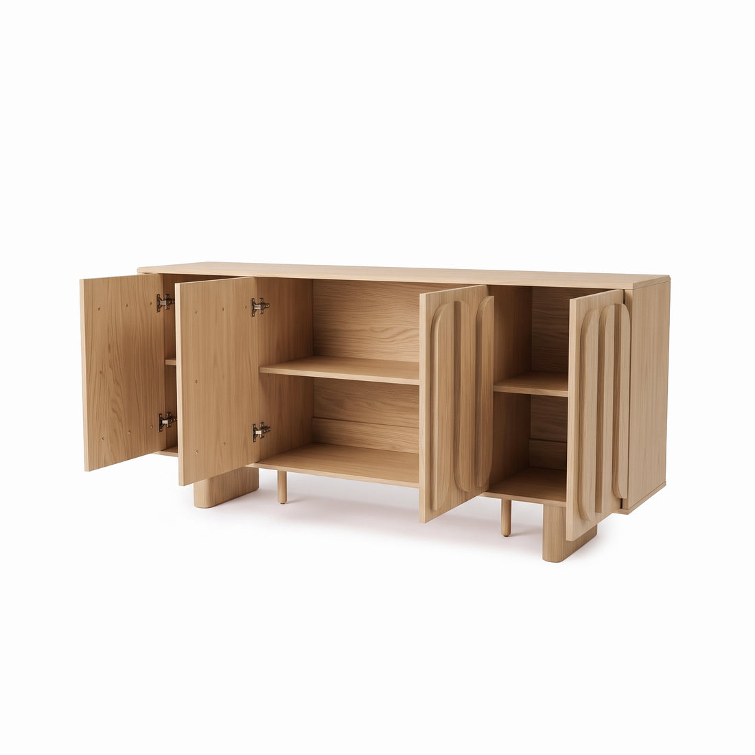 Wooden sideboard with all doors open showing shelves on a white background