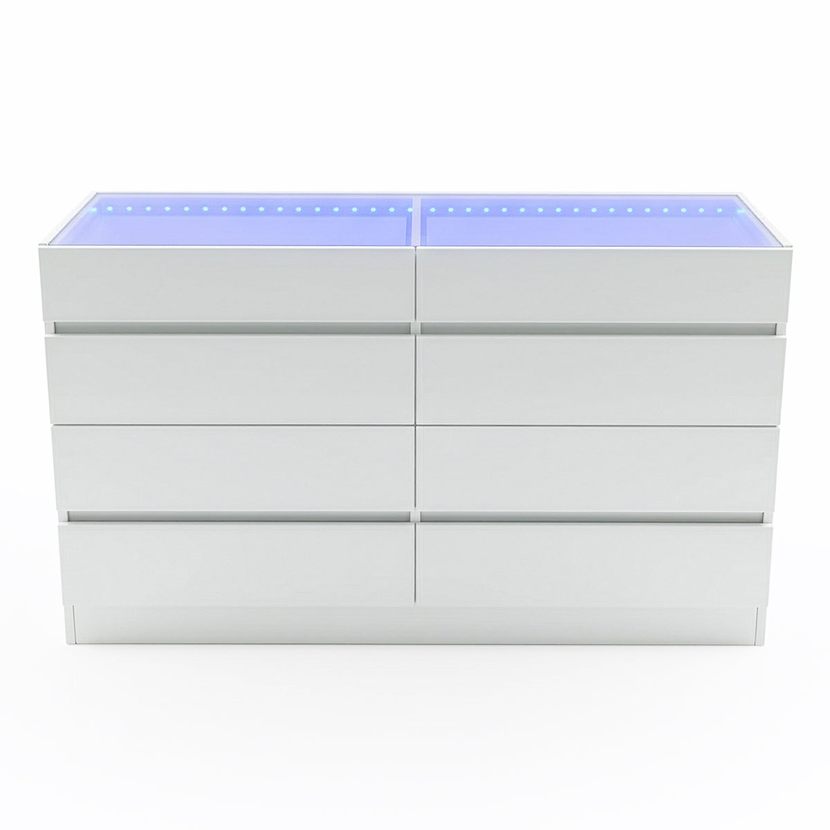 Modern white chest of drawers with eight handle-less drawers and blue-tinted glass top on white background