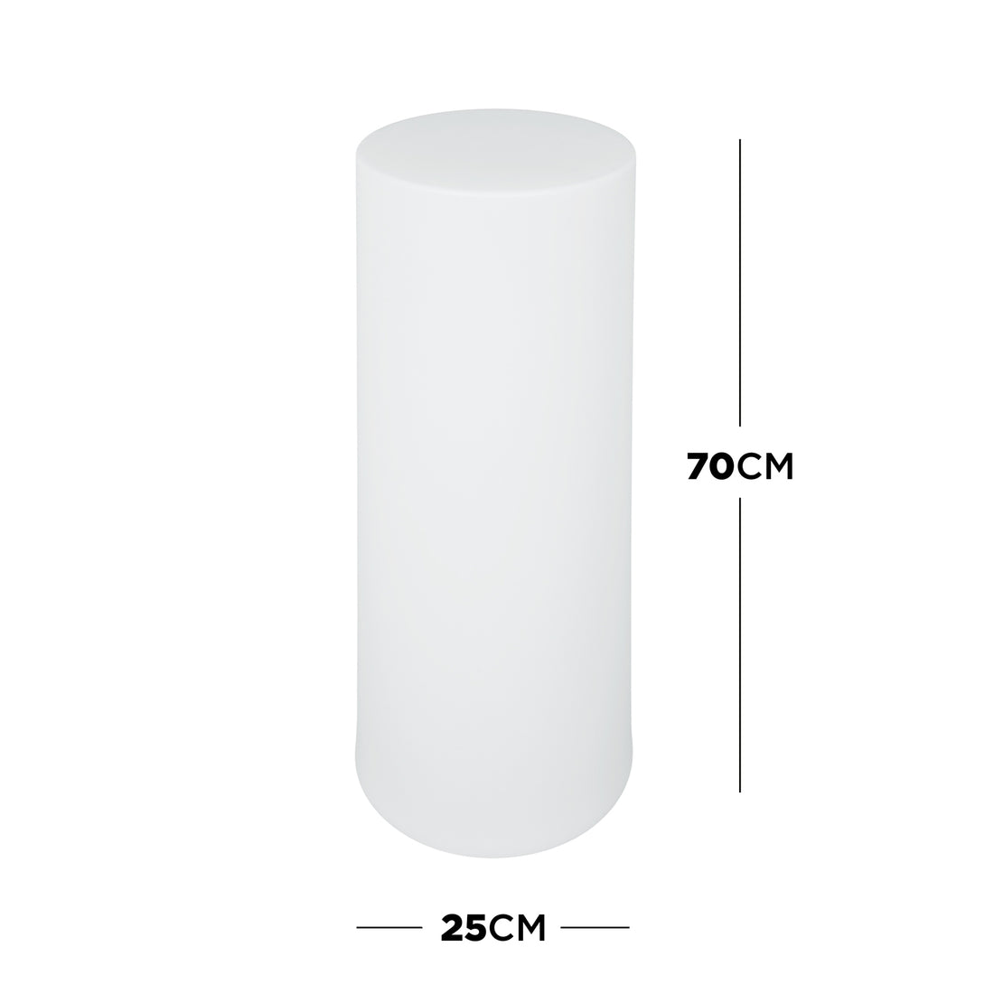 16 Colour Outdoor LED Bollard Light in Multicolour, a plain white cylindrical light, 70 cm tall and 25 cm in diameter, displayed with measurement lines against a white background. - Dimensions