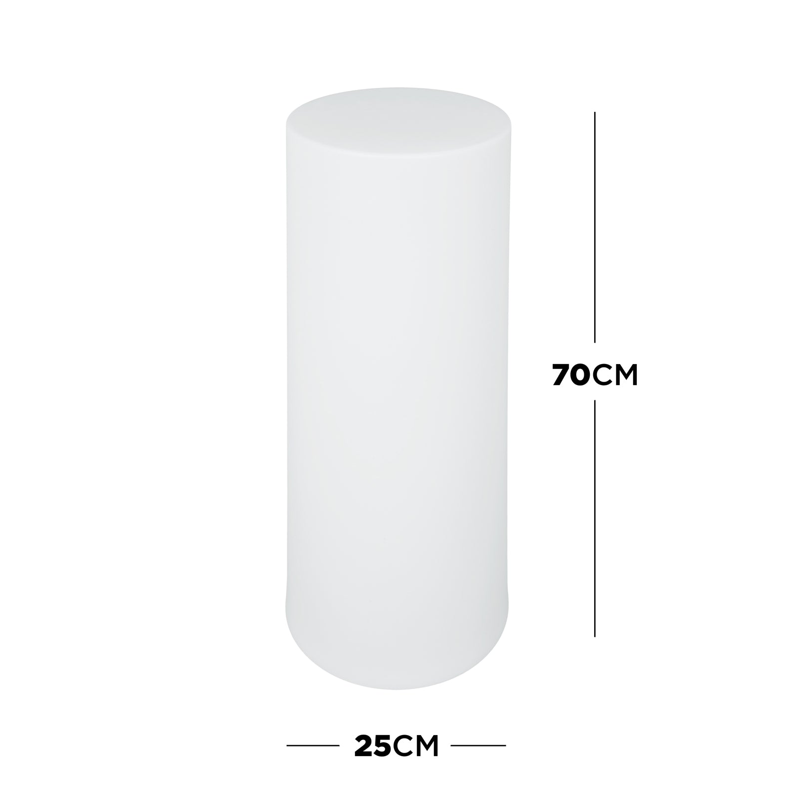 16 Colour Outdoor LED Bollard Light in Multicolour, a plain white cylindrical light, 70 cm tall and 25 cm in diameter, displayed with measurement lines against a white background. - Dimensions