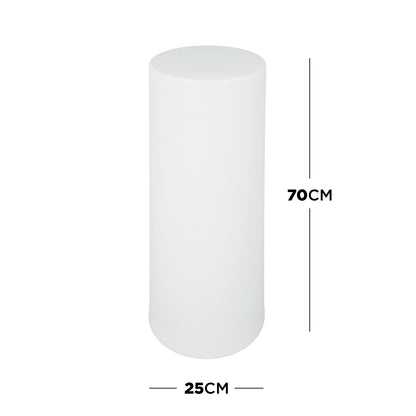 16 Colour Outdoor LED Bollard Light in Multicolour, a plain white cylindrical light, 70 cm tall and 25 cm in diameter, displayed with measurement lines against a white background. - Dimensions