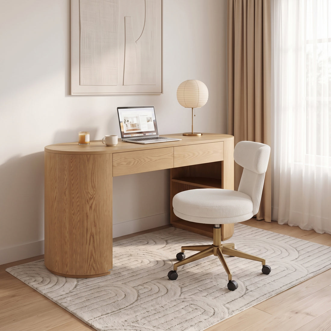 Modern wooden desk with chair in a styled home office room
