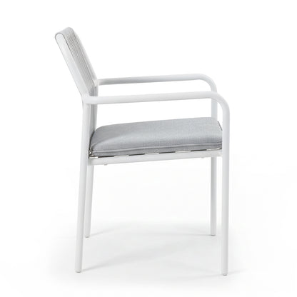 Evone Aluminium Rope Outdoor Dining Chair in Light Grey, featuring a sleek white metal frame, rounded armrests, light-gray upholstered seat cushion, and a matching mesh backrest, viewed from the side.