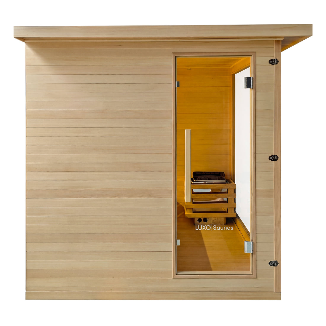 Modern indoor wooden sauna unit isolated on a white background