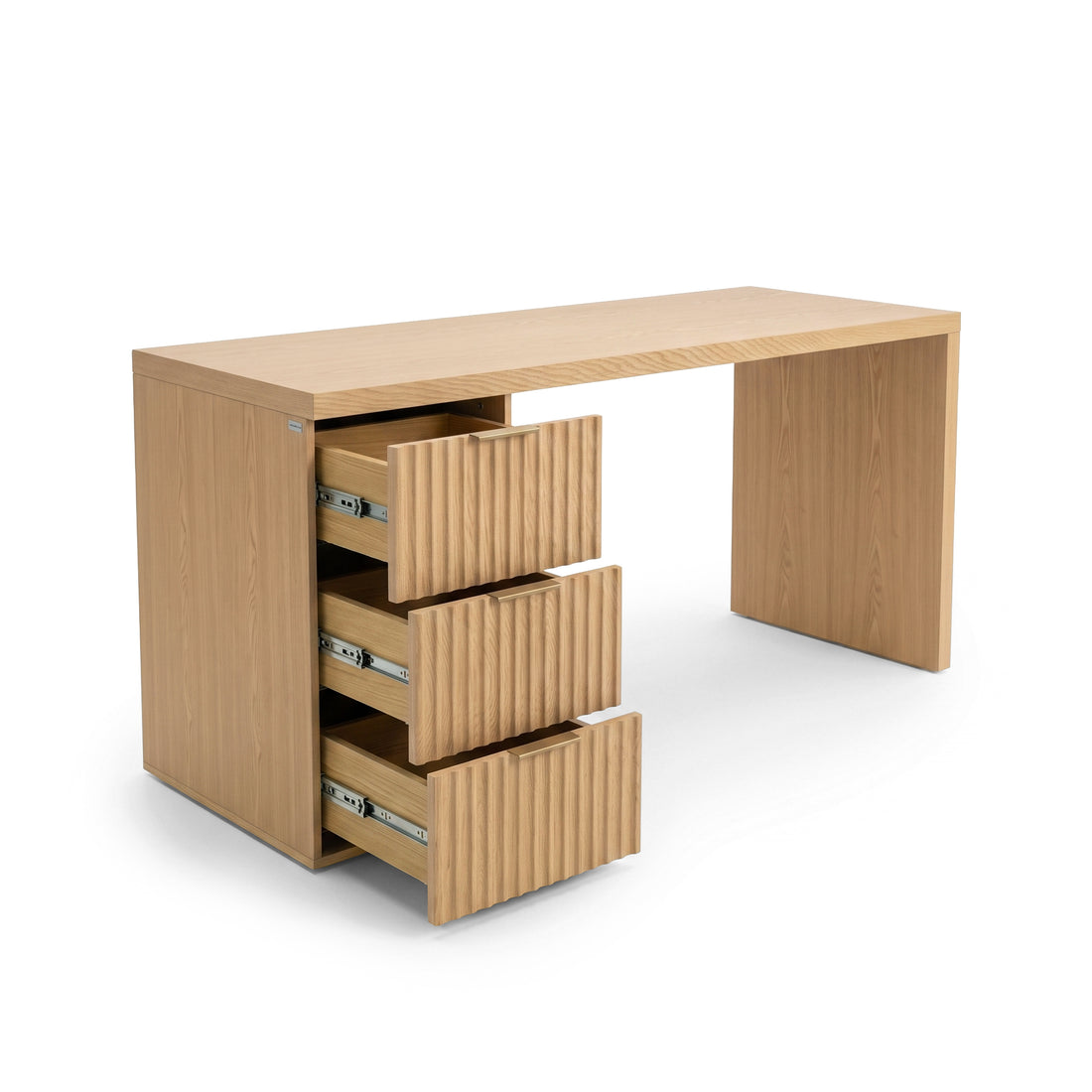 Modern wooden desk with open drawers on a white background