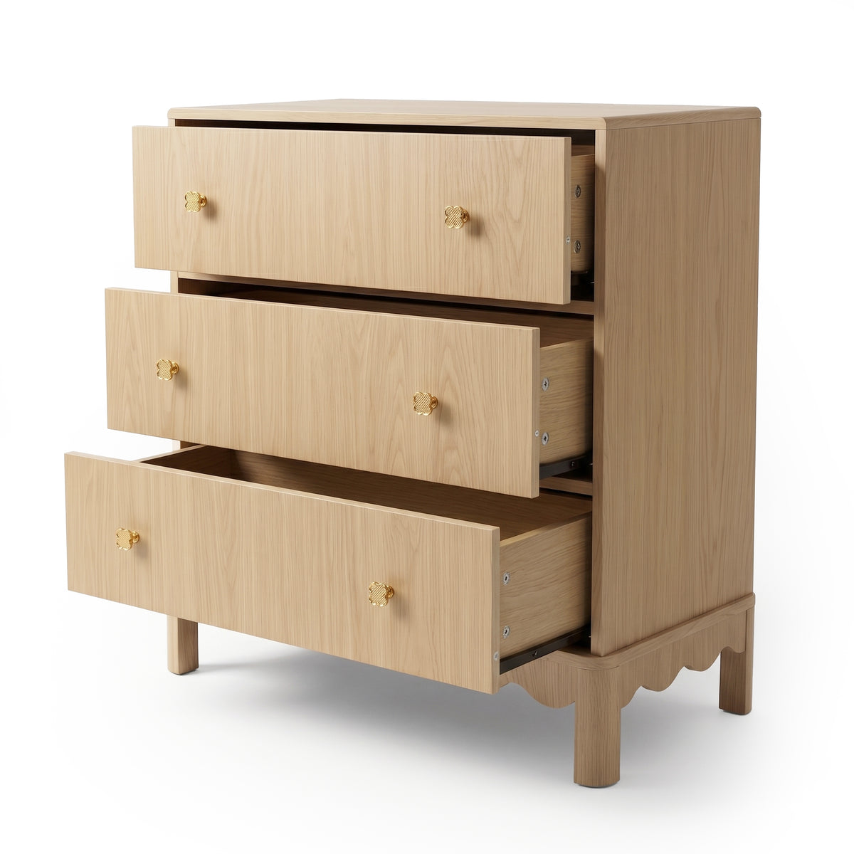 Natural wood three-drawer dresser with drawers open on white background