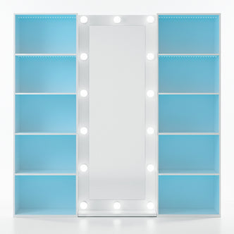 White vanity storage unit with central mirror and shelves on white background