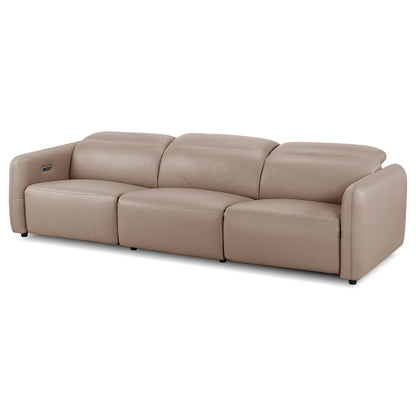 Taupe three-seat leather sofa on a white background