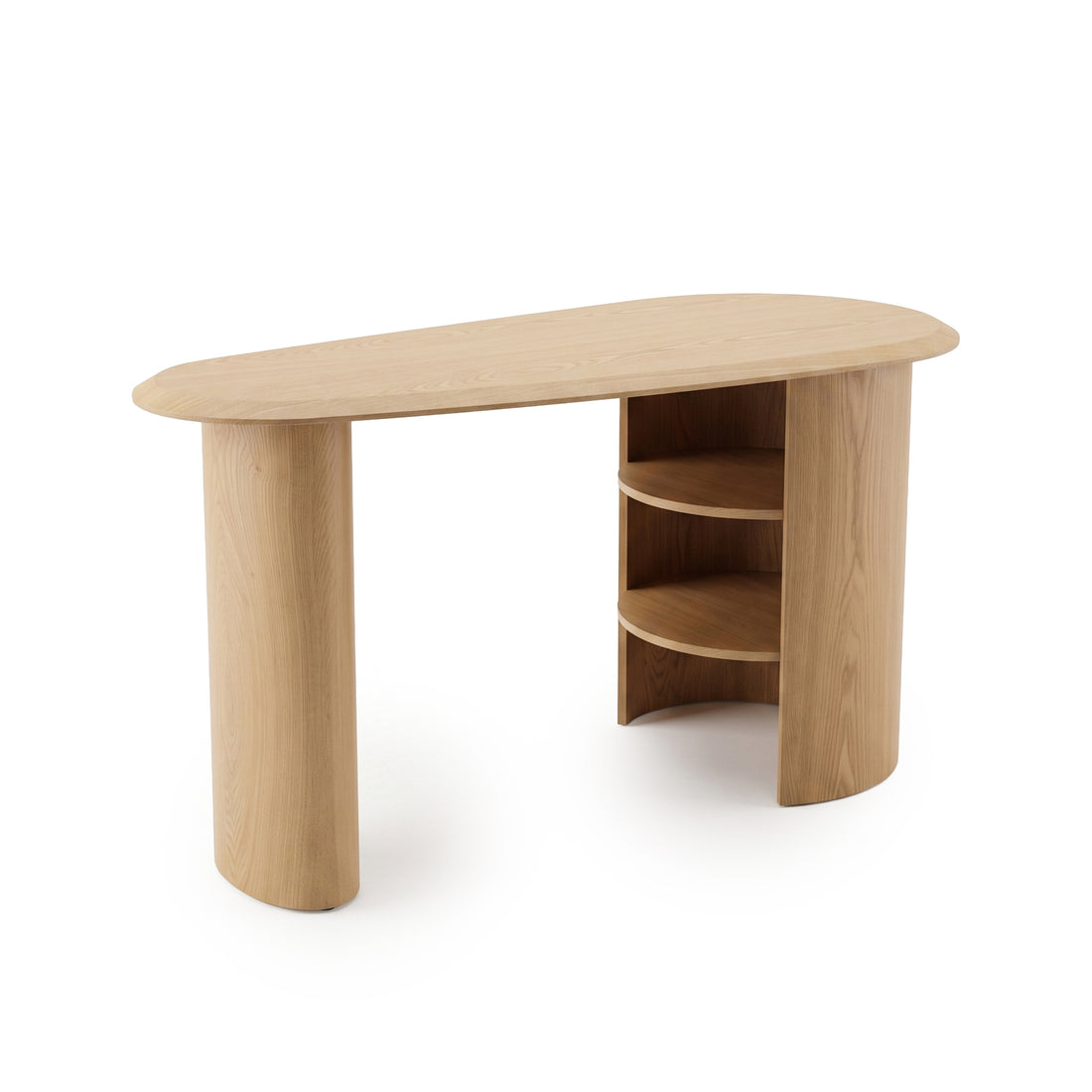 Modern light wood desk with a kidney-shaped top and rounded supports on a white background.