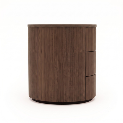 Round wooden nightstand with three drawers on a white background