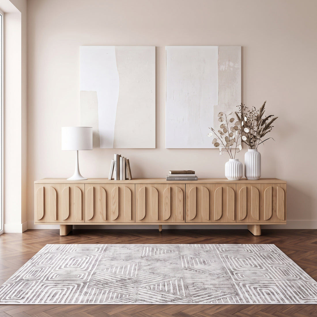 Light wood sideboard styled in a modern living room